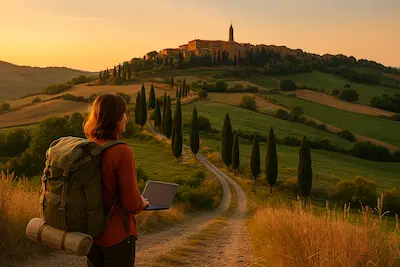 Mochilera caminando por un sendero rural entre colinas de la Toscana al atardecer travel