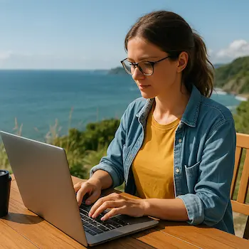 “Mujer joven trabajando al aire libre con su portátil frente al mar, en una terraza con vista a la costa. Representa el estilo de vida de los nómadas digitales y el concepto de workation en 2025, combinando trabajo remoto con viajes sostenibles en entornos naturales.” nomadas digitales
