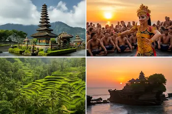 Collage de paisajes y templos de Bali con arrozales, danza tradicional y atardecer en Tanah Lot Descubre Bali