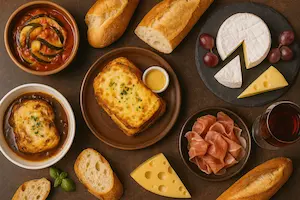 Mesa con baguettes, quesos, vino, croissants y productos típicos representando la gastronomía francesa como Patrimonio Cultural de la UNESCO Guia de Francia