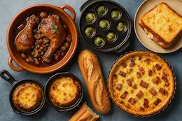 Platos típicos de Francia: boeuf bourguignon, ratatouille, quiche lorraine, coq au vin y crème brûlée servidos en estilo tradicional que hacer en francia