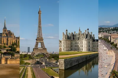 Panorámica con la Torre Eiffel, Castillo de Chambord, campos de lavanda en Provenza y costa de Niza, representando los paisajes icónicos de Francia descubre Francia