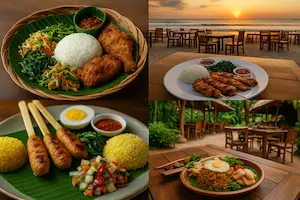 Collage de platos típicos balineses como Nasi Goreng, Satay Lilit y Nasi Campur en escenarios tropicales de Bali viajar a Bali
