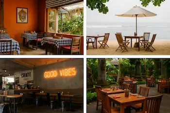 Collage de restaurantes populares en Bali: Warung Ibu Oka, Crate Café, La Lucciola y Locavore en Ubud y Seminyak comer en Bali