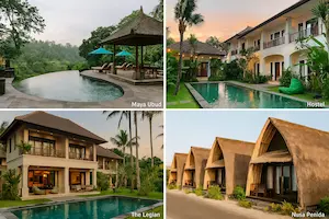 Collage de hospedajes en Bali: villa en Canggu, hotel boutique en Ubud, resort en Nusa Dua y alojamiento moderno en Seminyak viajar a Bali