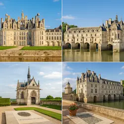 Collage del Château de Chambord, Château de Chenonceau y la tumba de Leonardo da Vinci en Amboise, en el Valle del Loira Escapada a Francia