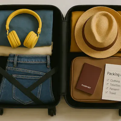 Maleta de mano abierta sobre cama blanca con ropa doblada, sombrero, auriculares, pasaporte y lista de viaje para empacar equipaje de mano