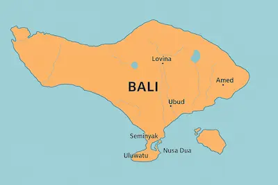 Mapa turístico de Bali con zonas destacadas como Ubud, Seminyak, Kuta, Nusa Dua y Lovina Descubre Bali
