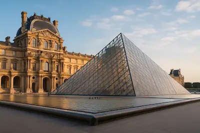 Museo del Louvre en París con la pirámide de cristal y el edificio renacentista iluminados por el sol Que hacer en Francia