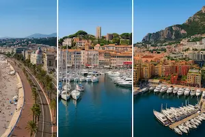 Collage panorámico de Niza, Cannes y Mónaco mostrando playas, puertos y arquitectura de la Riviera Francesa que hacer en francia