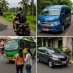 Collage de transporte en Bali con moto, autobús Trans Metro Dewata, coche con conductor y taxi local Indonesia
